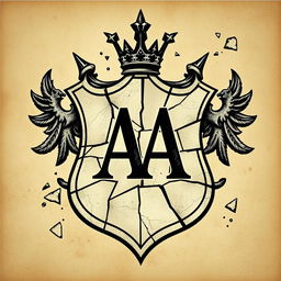 A fragmented crest showcasing broken elements, with the initials 'AA' prominently placed at the center