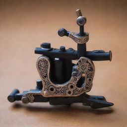 An intricately designed tattoo machine showcasing artistic detail and craftsmanship.