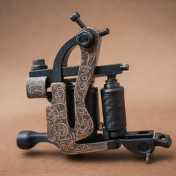 An intricately designed tattoo machine showcasing artistic detail and craftsmanship.