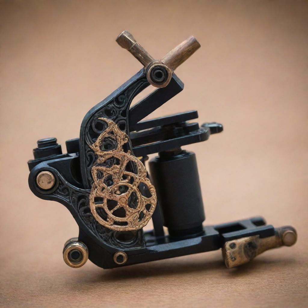 An intricately designed tattoo machine showcasing artistic detail and craftsmanship.