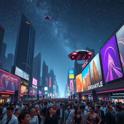 A futuristic cityscape under a starry night sky, illuminated by neon lights