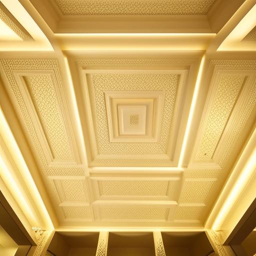 A sophisticated false ceiling designed with intricate square patterns, casting soothing light in an elegant interior space.