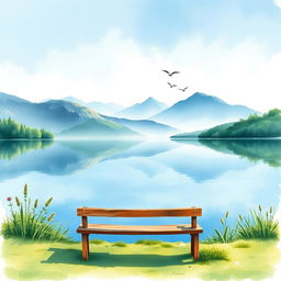 A serene and tranquil lakeside scene captured in watercolor, featuring a gentle lake surrounded by lush greenery and serene mountains in the distance