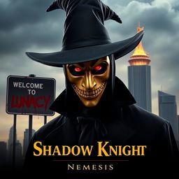 A parody of "The Dark Knight" poster featuring a man in a black wide-brimmed puritan witch hat and black coat