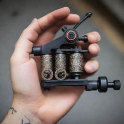 A hand holding an intricately designed tattoo machine showcasing artistic detail and craftsmanship.