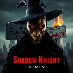 A parody of "The Dark Knight" poster featuring a man in a black wide-brimmed puritan witch hat and black coat