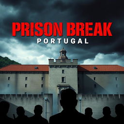 A dynamic film poster for "Prison Break: Portugal," featuring a prominent view of a grim yet captivating Portuguese prison