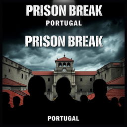 A dynamic film poster for "Prison Break: Portugal," featuring a prominent view of a grim yet captivating Portuguese prison