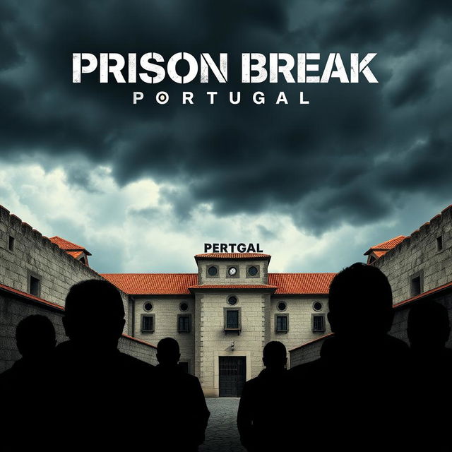 A dynamic film poster for "Prison Break: Portugal," featuring a prominent view of a grim yet captivating Portuguese prison