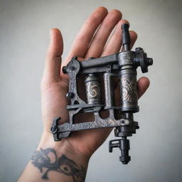 A hand holding an intricately designed tattoo machine showcasing artistic detail and craftsmanship.