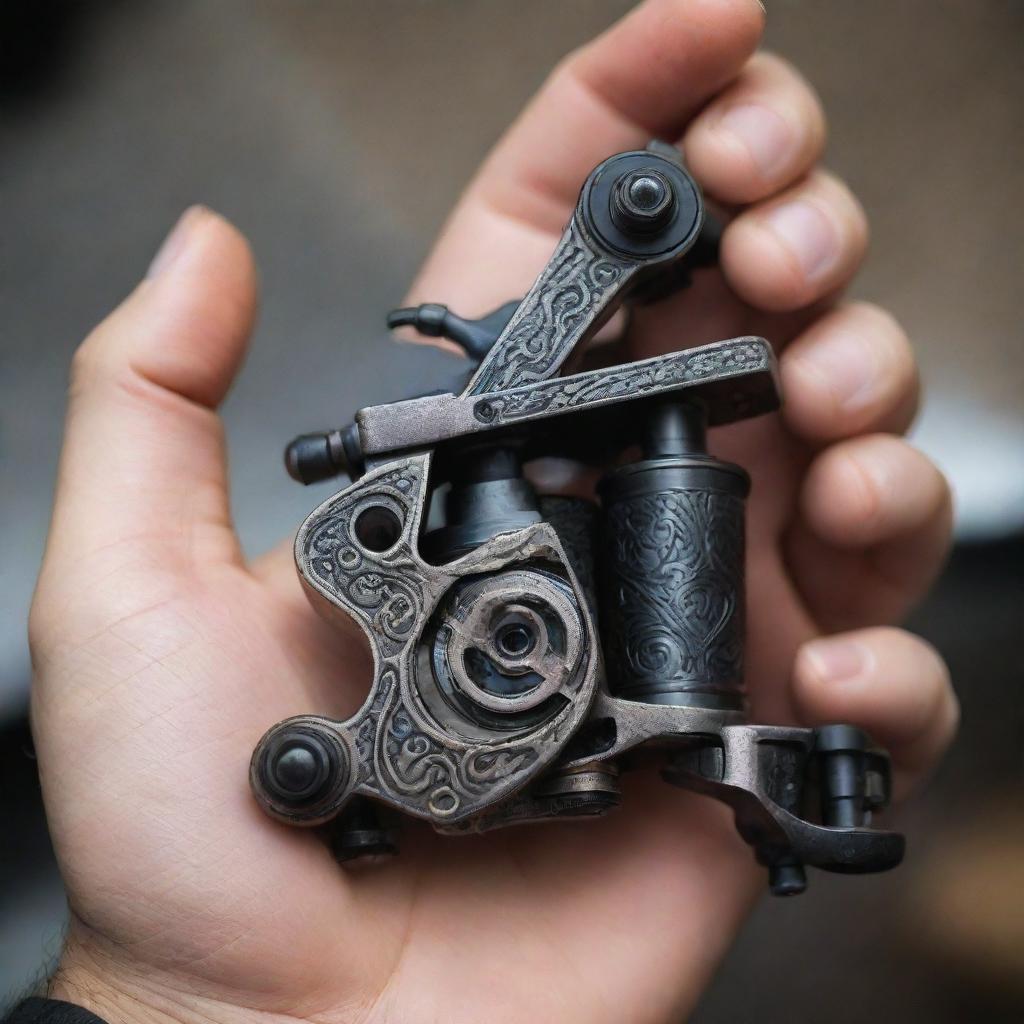 A hand holding an intricately designed tattoo machine showcasing artistic detail and craftsmanship.