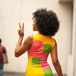 A woman with a light-skinned complexion and a curly afro walks away from the camera, exuding an aura of charisma and style