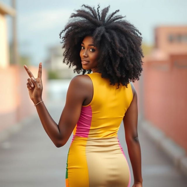 A woman with a light-skinned complexion and a curly afro walks away from the camera, exuding an aura of charisma and style