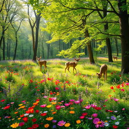 A tranquil spring forest glade adorned with colorful wildflowers, showcasing vibrant hues spread across the landscape