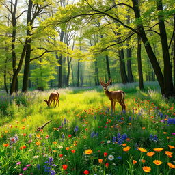 A tranquil spring forest glade adorned with colorful wildflowers, showcasing vibrant hues spread across the landscape