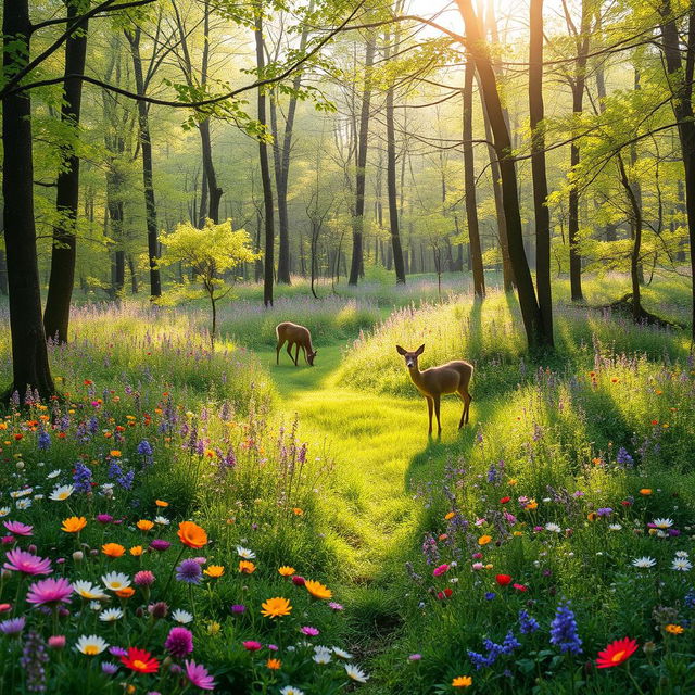 A tranquil spring forest glade adorned with colorful wildflowers, showcasing vibrant hues spread across the landscape