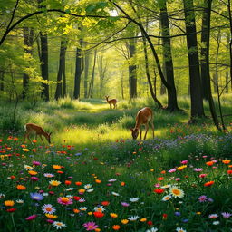 A tranquil spring forest glade adorned with colorful wildflowers, showcasing vibrant hues spread across the landscape