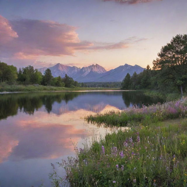 Generate an image of a serene landscape with a calming sunset, reflecting off a tranquil lake surrounded by blooming wildflowers.