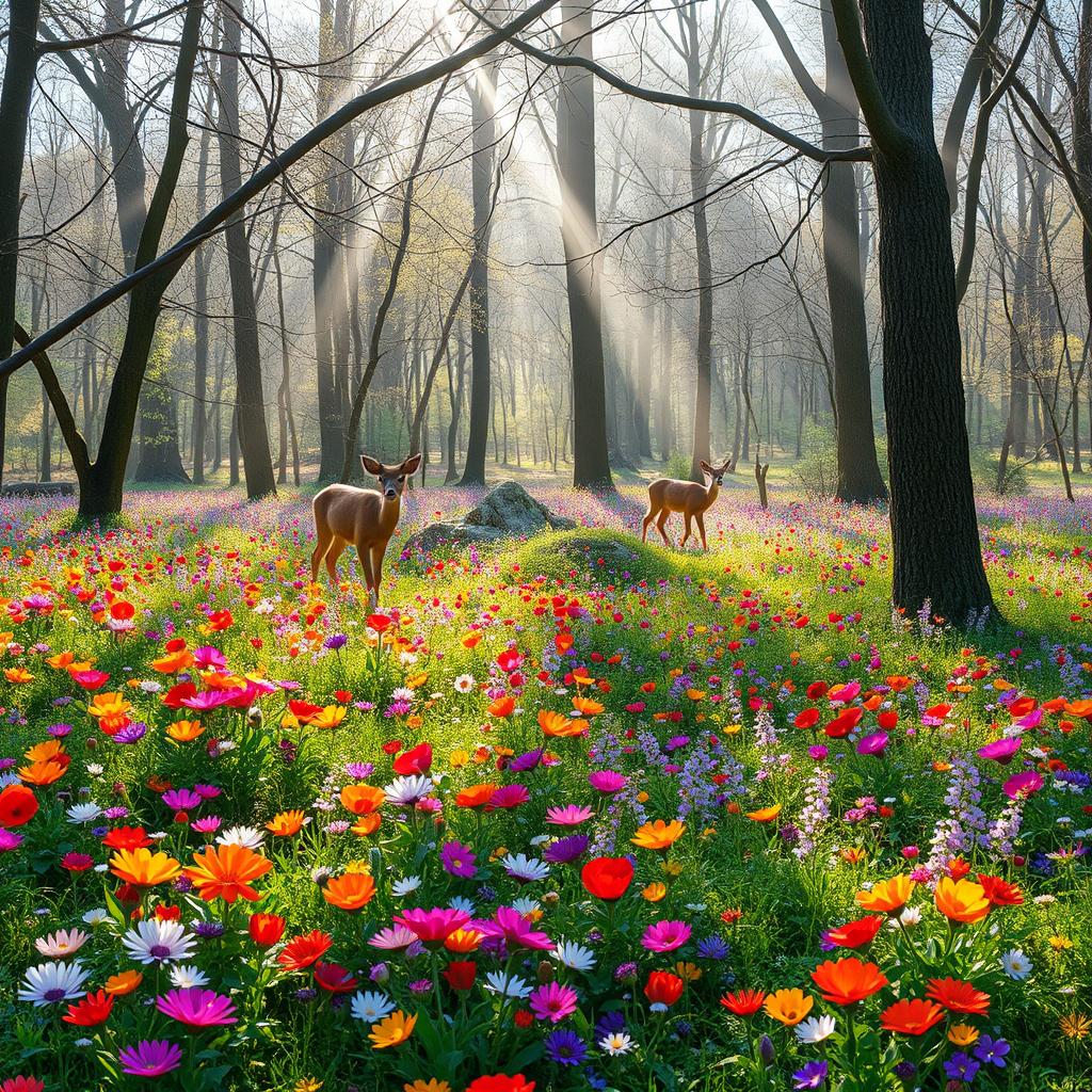 A tranquil spring forest glade brimming with vibrant colorful wildflowers