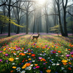 A tranquil spring forest glade brimming with vibrant colorful wildflowers