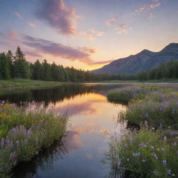 Generate an image of a serene landscape with a calming sunset, reflecting off a tranquil lake surrounded by blooming wildflowers.