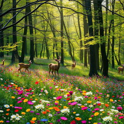 A tranquil spring forest glade brimming with vibrant colorful wildflowers