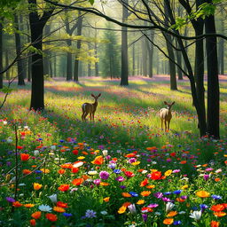 A tranquil spring forest glade brimming with vibrant colorful wildflowers