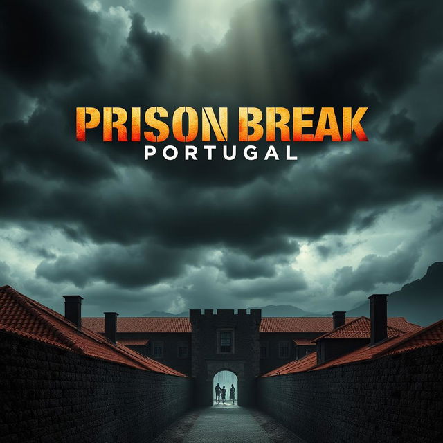 A captivating film poster for "Prison Break: Portugal," featuring a dramatic scene of a Portuguese prison