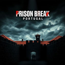 A captivating film poster for "Prison Break: Portugal," featuring a dramatic scene of a Portuguese prison