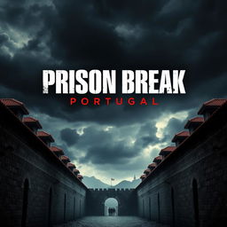 A captivating film poster for "Prison Break: Portugal," featuring a dramatic scene of a Portuguese prison