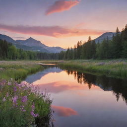 Generate an image of a serene landscape with a calming sunset, reflecting off a tranquil lake surrounded by blooming wildflowers.