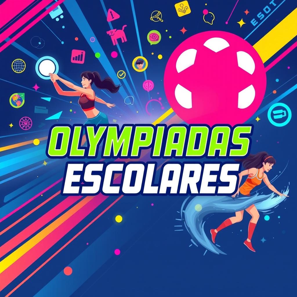 Un programa futurista de olimpiadas escolares con un cartel colorido y vibrante en estilo artístico futurista