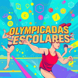 Un programa futurista de olimpiadas escolares con un cartel colorido y vibrante en estilo artístico futurista