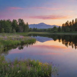 Generate an image of a serene landscape with a calming sunset, reflecting off a tranquil lake surrounded by blooming wildflowers.