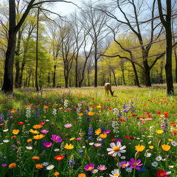 A tranquil spring forest glade filled with a tapestry of colorful wildflowers in full bloom