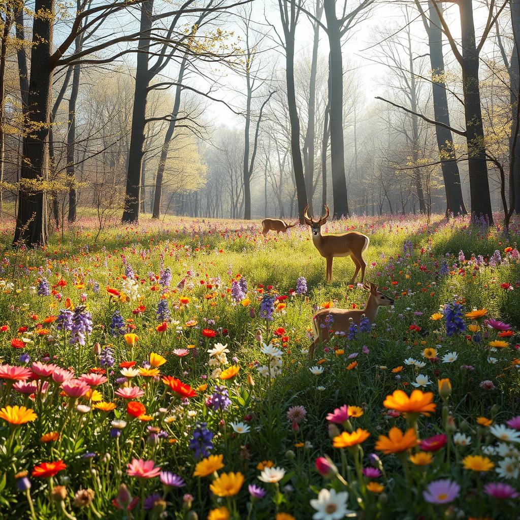 A tranquil spring forest glade filled with a tapestry of colorful wildflowers in full bloom