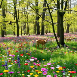 A tranquil spring forest glade filled with a tapestry of colorful wildflowers in full bloom