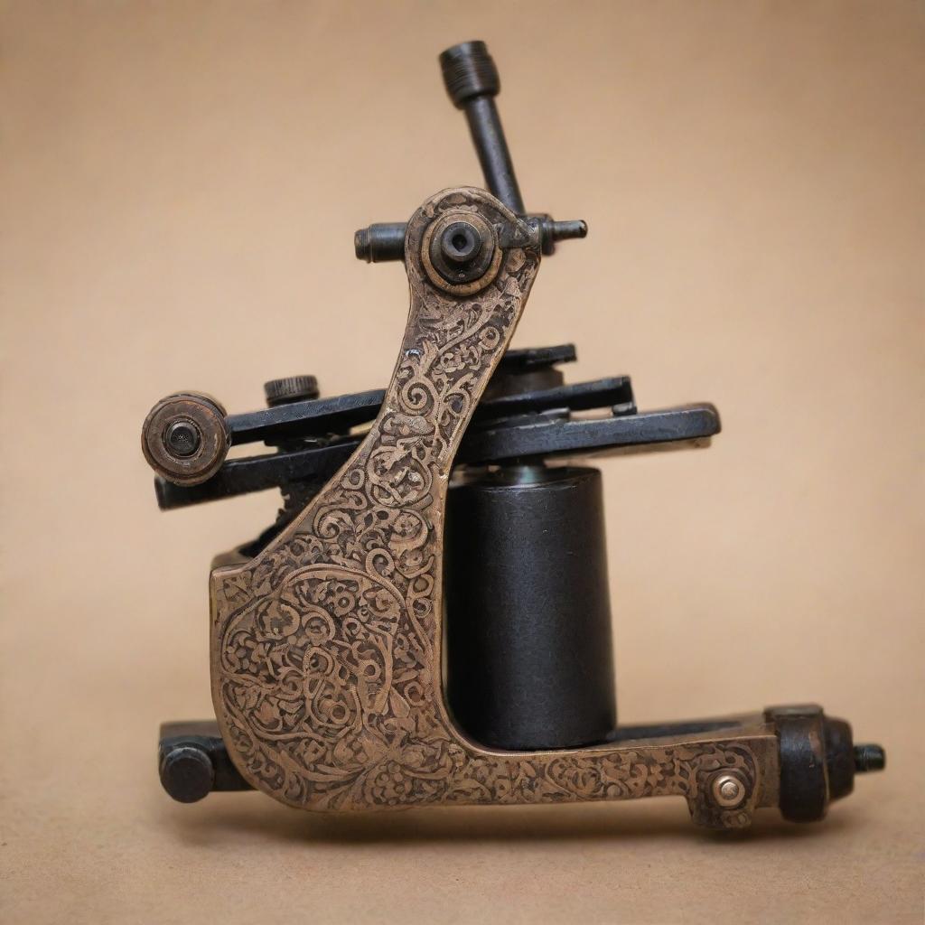 A detailed tattoo machine adorned with Persian artistic patterns and designs.