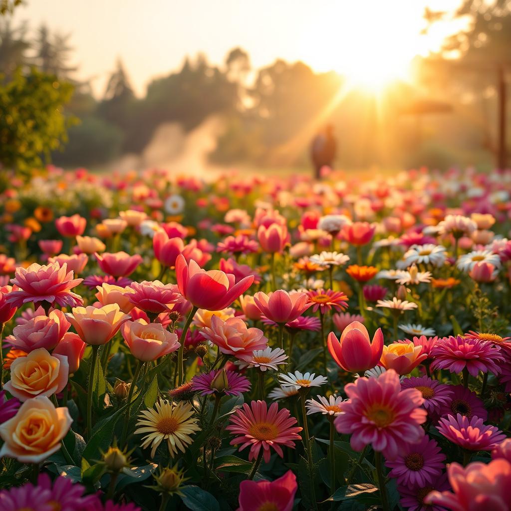 A serene and lush landscape depicting a vibrant flower garden at sunrise