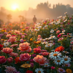 A serene and lush landscape depicting a vibrant flower garden at sunrise