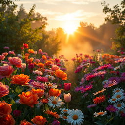 A serene and lush landscape depicting a vibrant flower garden at sunrise