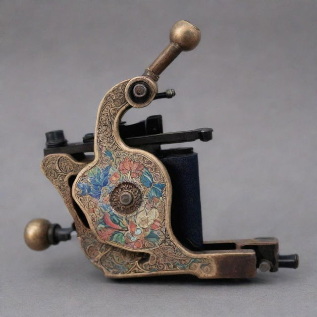 A detailed tattoo machine adorned with Persian artistic patterns and designs.