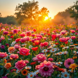 A serene and lush landscape depicting a vibrant flower garden at sunrise