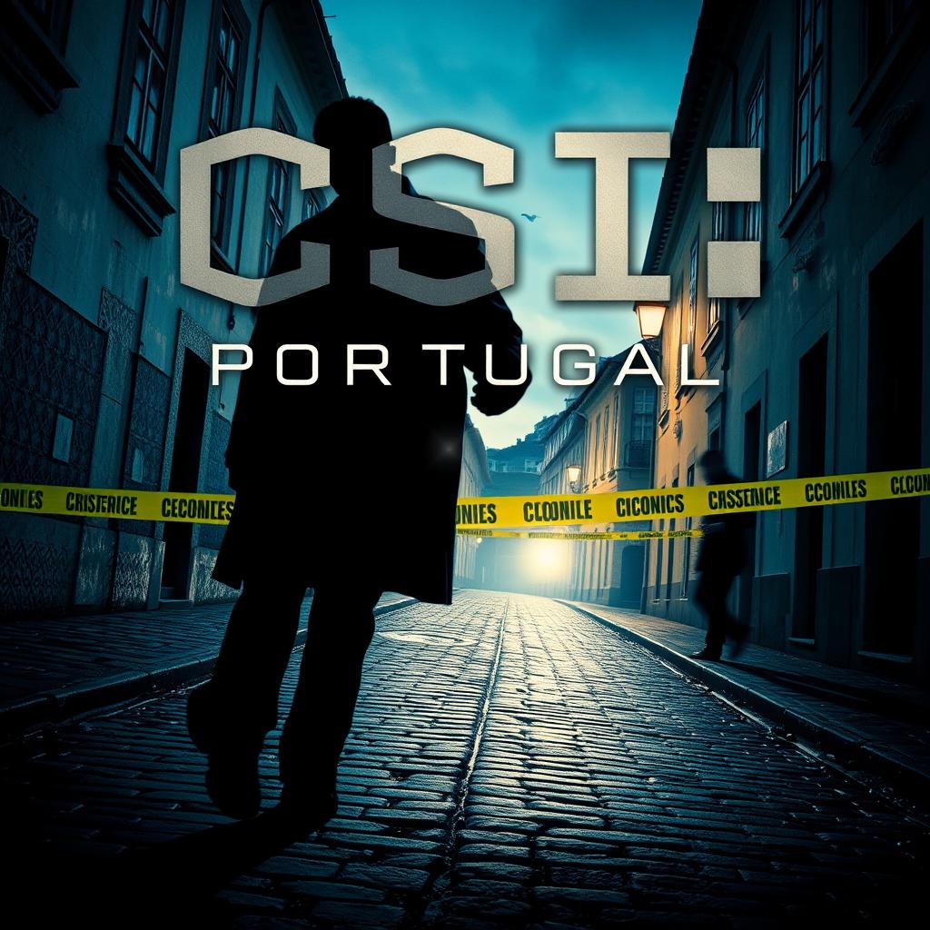 A captivating film poster for "CSI: Portugal," featuring a mysterious and atmospheric scene set in a picturesque Portuguese city