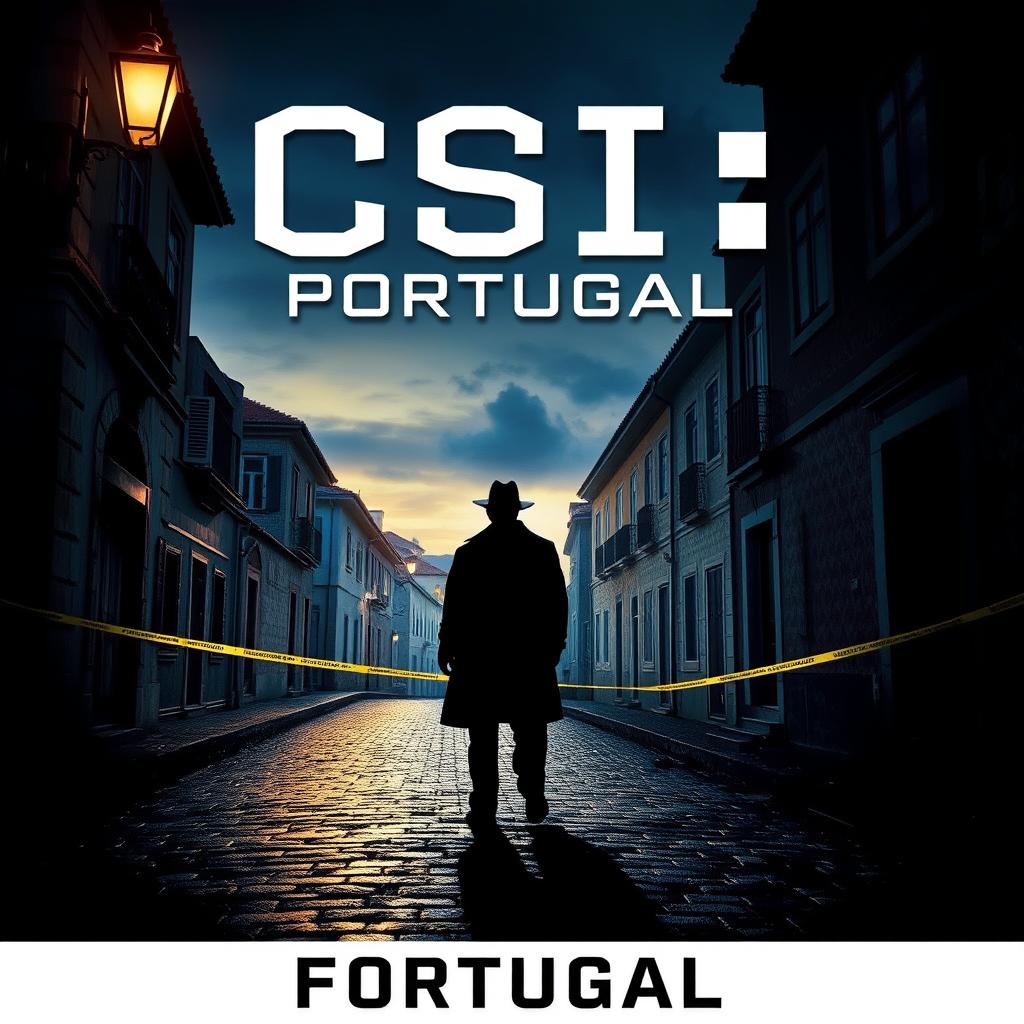 A captivating film poster for "CSI: Portugal," featuring a mysterious and atmospheric scene set in a picturesque Portuguese city