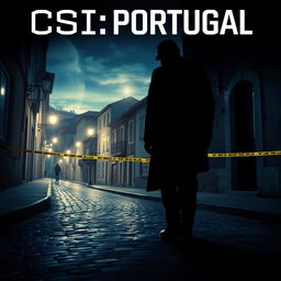 A captivating film poster for "CSI: Portugal," featuring a mysterious and atmospheric scene set in a picturesque Portuguese city