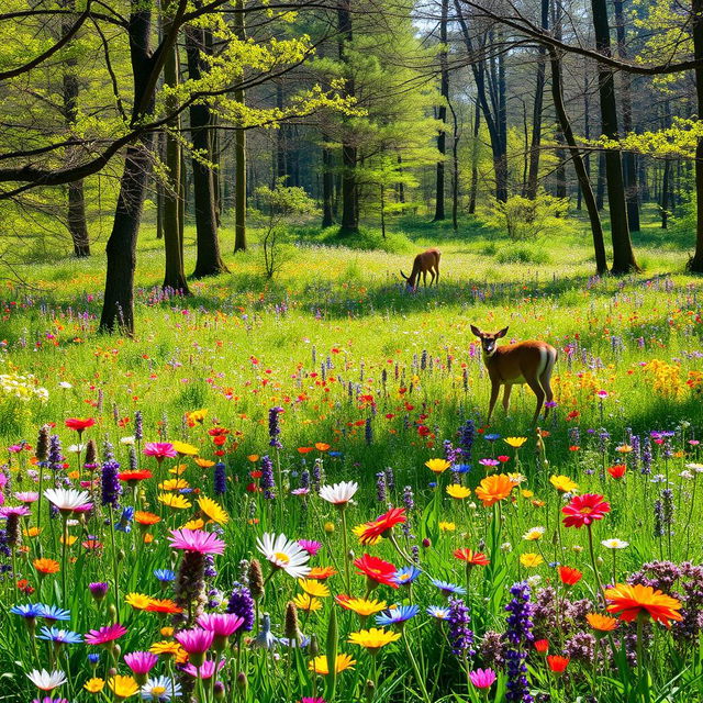 A tranquil spring forest glade filled with an array of colorful wildflowers, each bloom adding a splash of vibrant color to the landscape