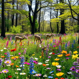 A tranquil spring forest glade filled with an array of colorful wildflowers, each bloom adding a splash of vibrant color to the landscape