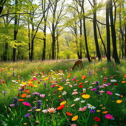 A tranquil spring forest glade filled with an array of colorful wildflowers, each bloom adding a splash of vibrant color to the landscape