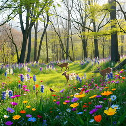 A tranquil spring forest glade filled with an array of colorful wildflowers, each bloom adding a splash of vibrant color to the landscape